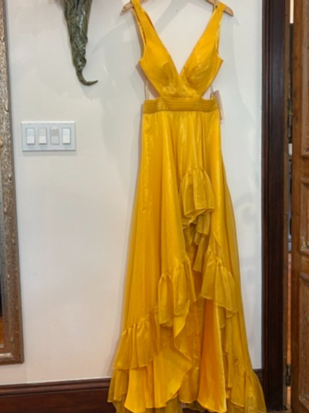 Mac Duggal | 49526 Marigold Yellow Cut Out High Low Ruffle Gown | Size 6 | NWT